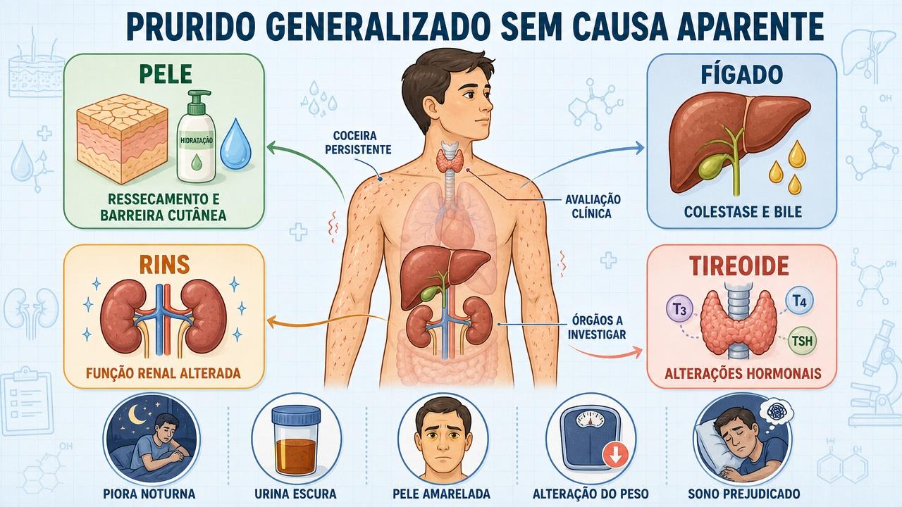 Pele, fígado, rins e tireoide orientam a avaliação do prurido generalizado.
