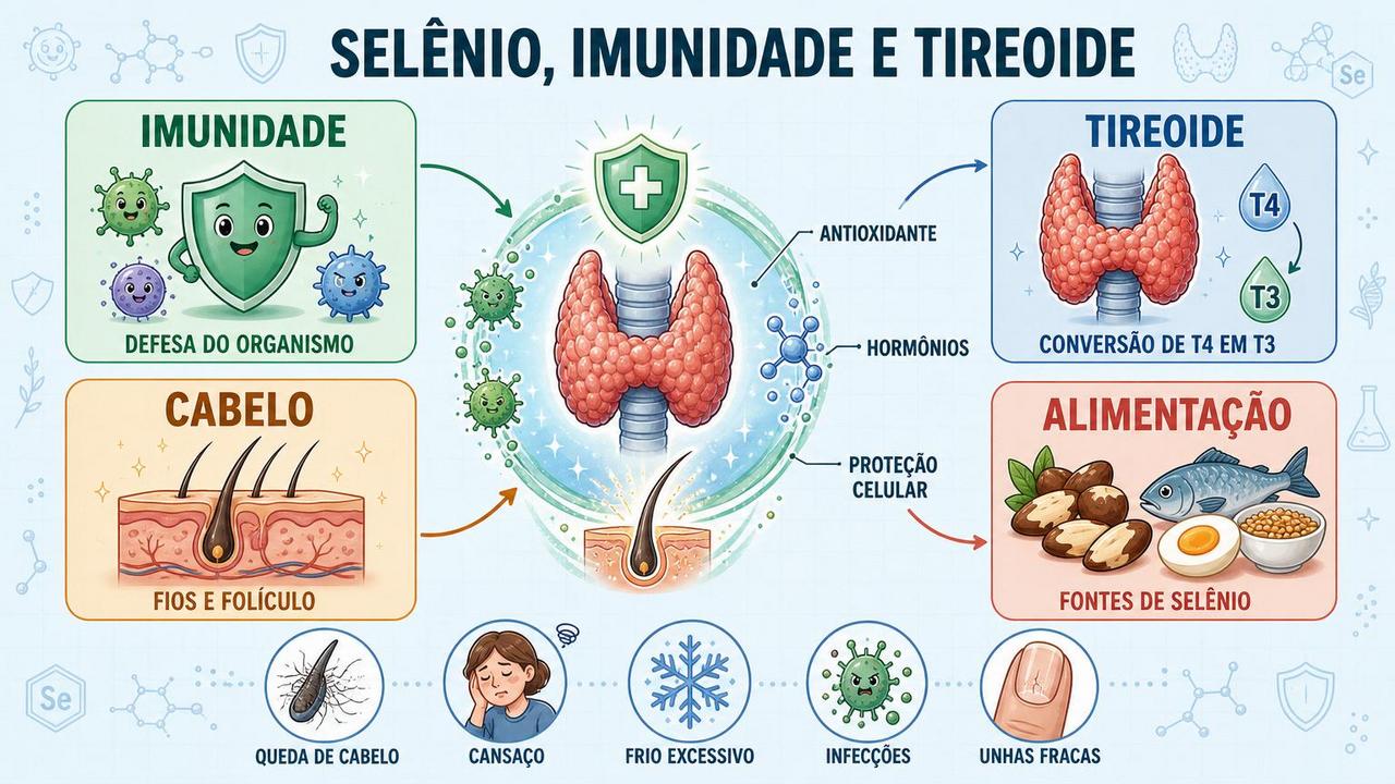 Infográfico resume os pilares do selênio na imunidade, tireoide, cabelo e alimentação.