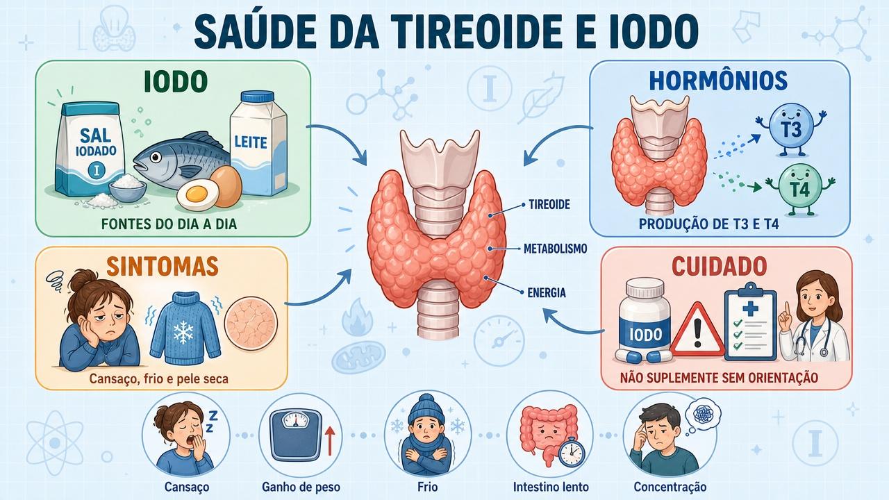 Infográfico mostra iodo, hormônios, sintomas e cuidados com a tireoide.