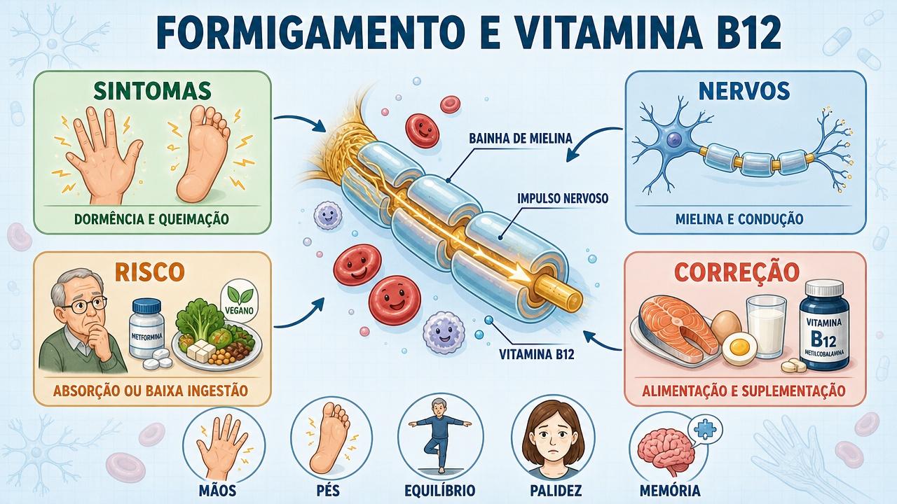Sintomas, nervos, risco e correção explicam a relação entre formigamento e B12.