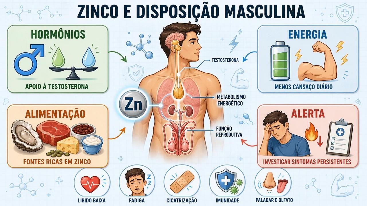 Infográfico resume hormônios, energia, alimentação e sinais ligados ao zinco.