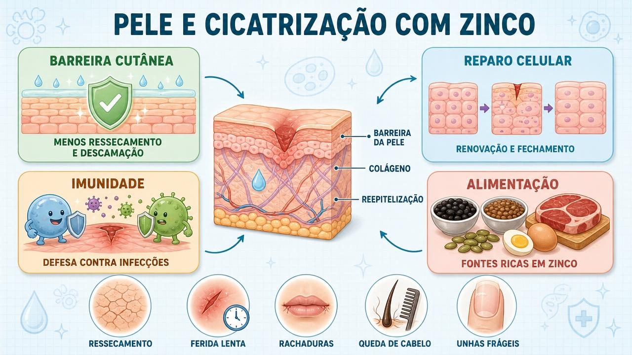 Barreira cutânea, reparo celular, imunidade e alimentação explicam o papel do zinco.