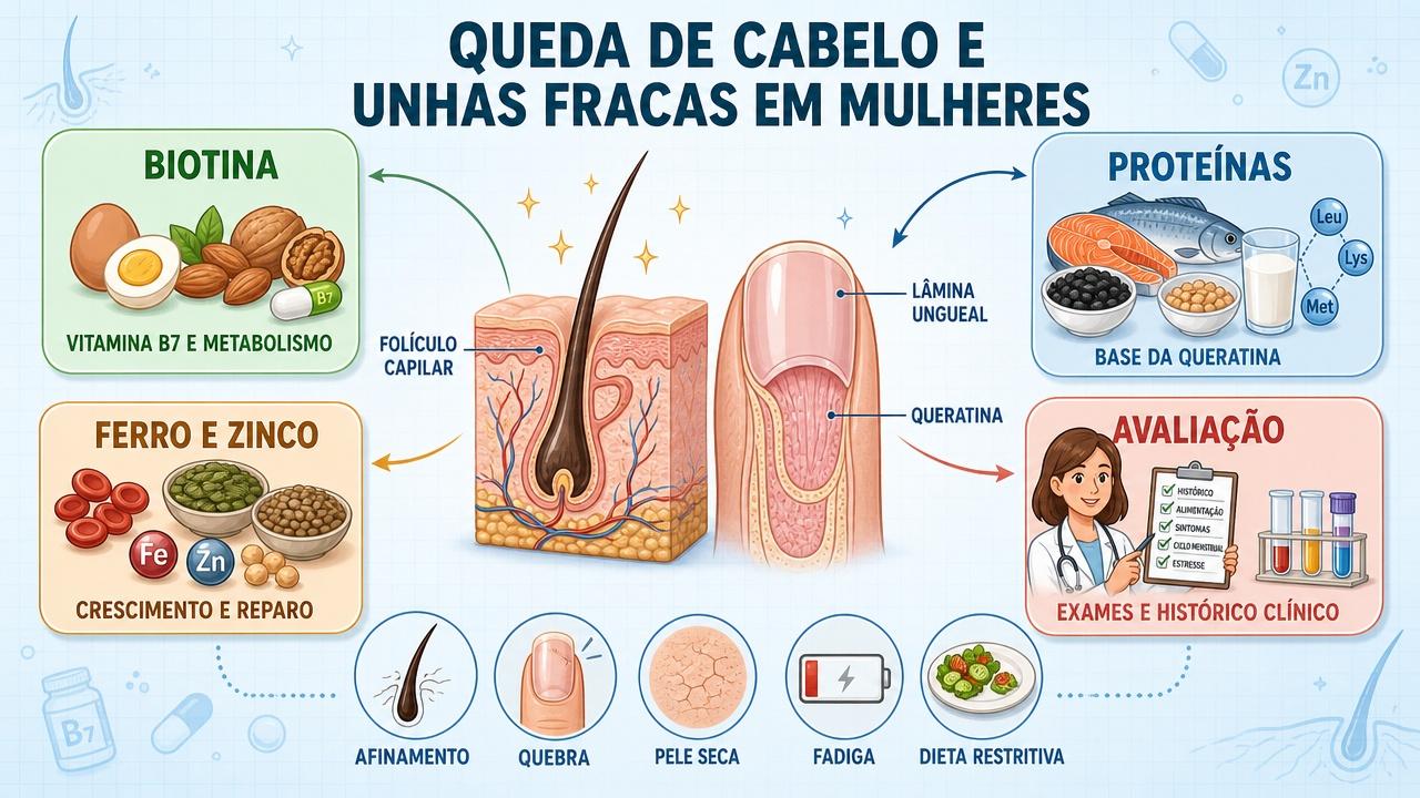 Infográfico resume biotina, proteínas, ferro, zinco e avaliação clínica adequada.