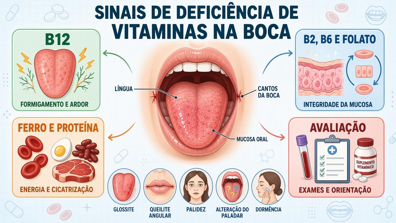 Infográfico resume vitaminas, nutrientes e sinais orais ligados à deficiência nutricional.