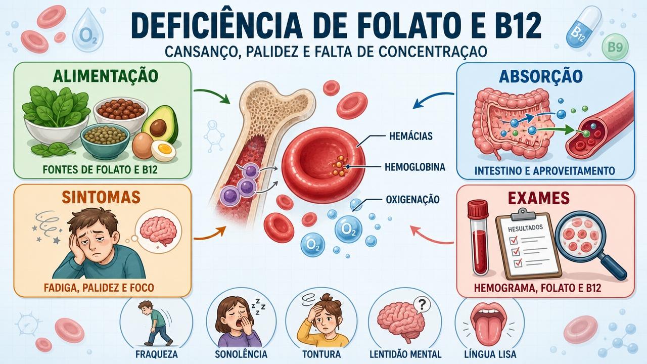 Infográfico resume sintomas, causas, exames e alimentação na deficiência de folato e B12.