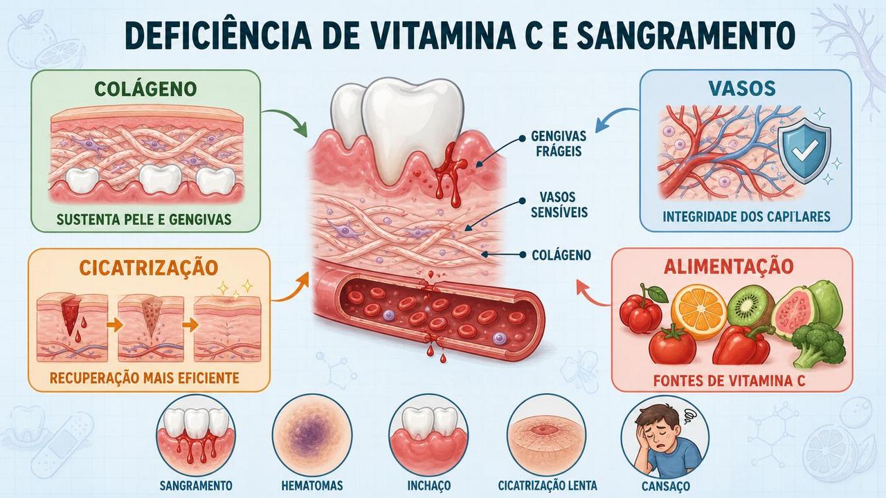 Colágeno, vasos, cicatrização e alimentação explicam os sinais da falta de vitamina C.