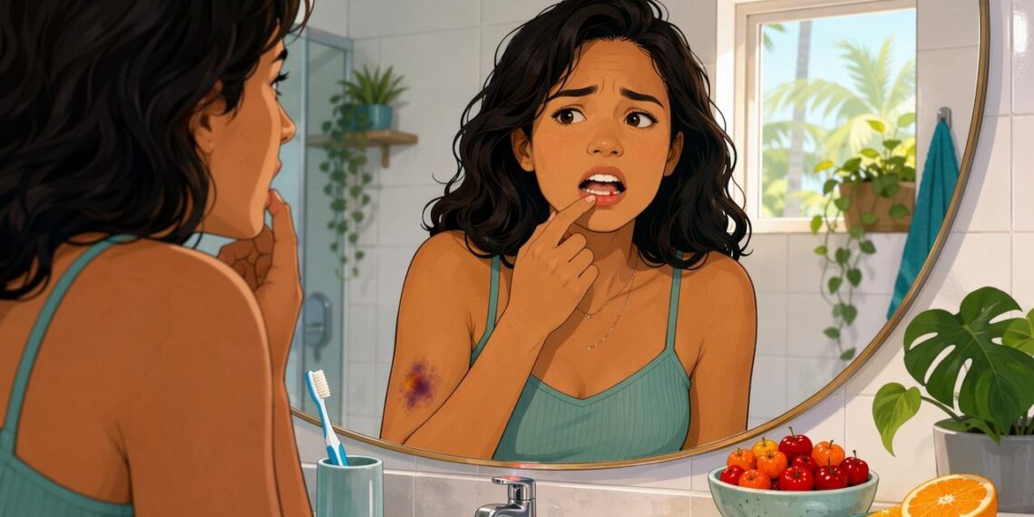 Qual deficiência de vitamina está associada ao sangramento nas gengivas e à facilidade para formar hematomas