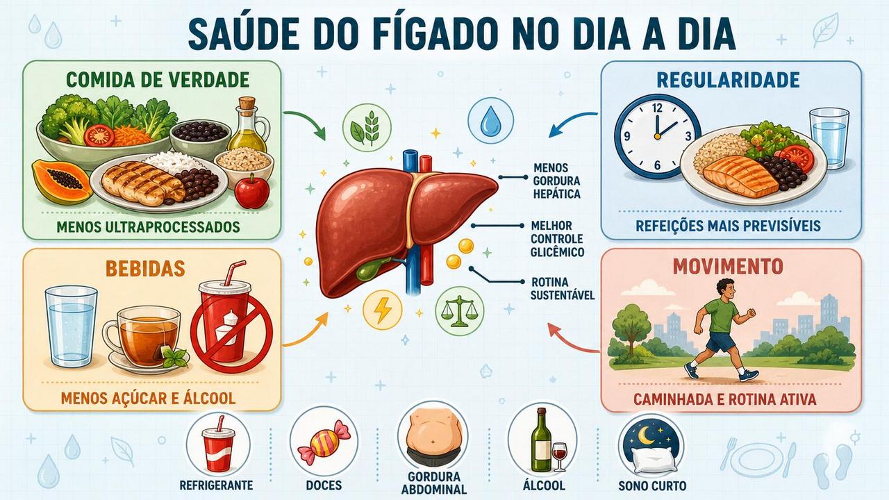 Quatro pilares práticos favorecem o fígado: comida, regularidade, bebidas melhores e movimento.