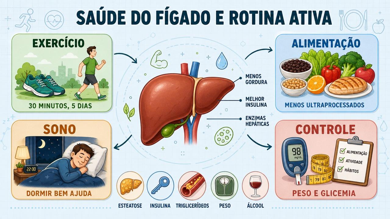 Exercício, alimentação, sono e controle metabólico sustentam a saúde do fígado.