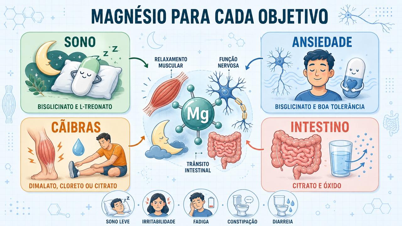 Sono, ansiedade, cãibras e intestino preso exigem escolhas diferentes de magnésio.