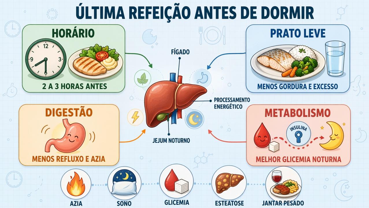 Infográfico mostra horário ideal, composição do prato e efeitos metabólicos noturnos.