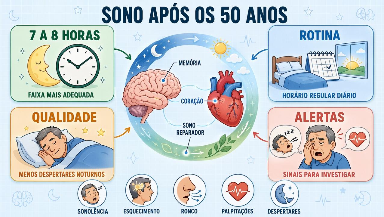 O infográfico resume duração ideal, rotina, qualidade e sinais de alerta.