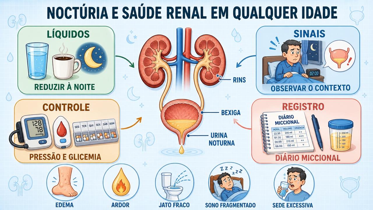 Infográfico reúne hábitos, sinais de alerta e cuidados com noctúria persistente.