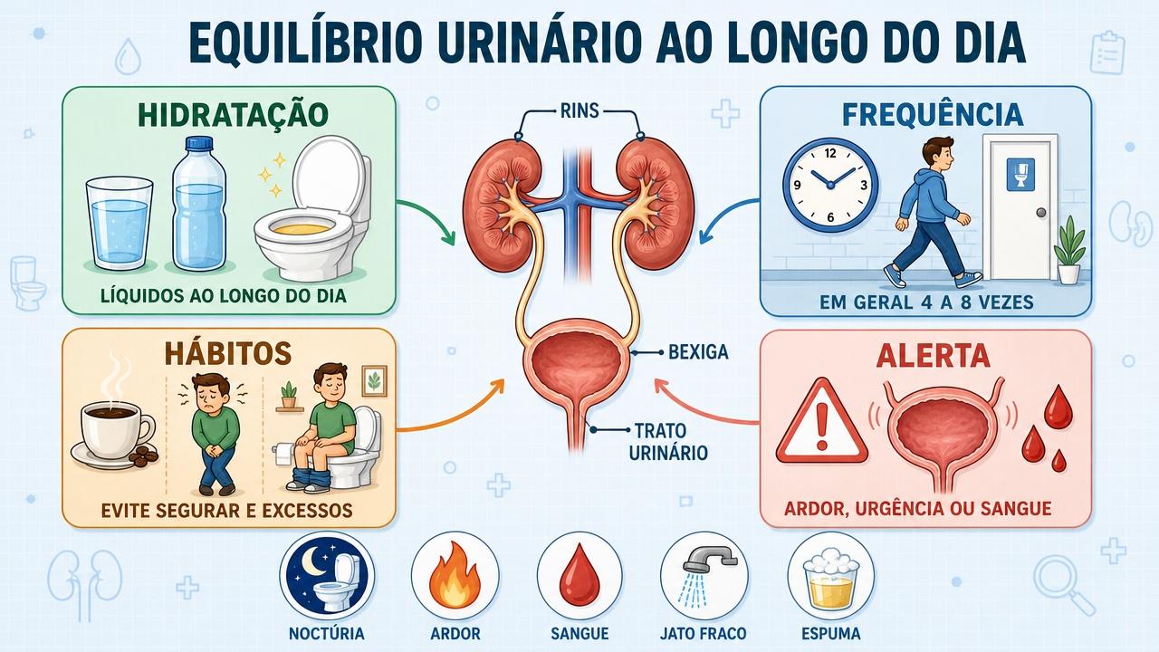 Infográfico resume hidratação, frequência, hábitos e sinais de alerta urinário.