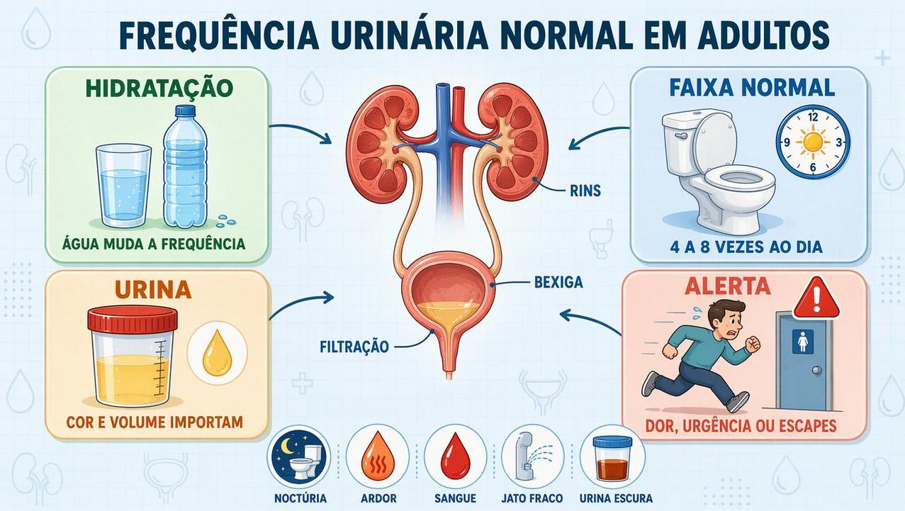 Infográfico resume hidratação, faixa normal, sinais da urina e alertas urinários.
