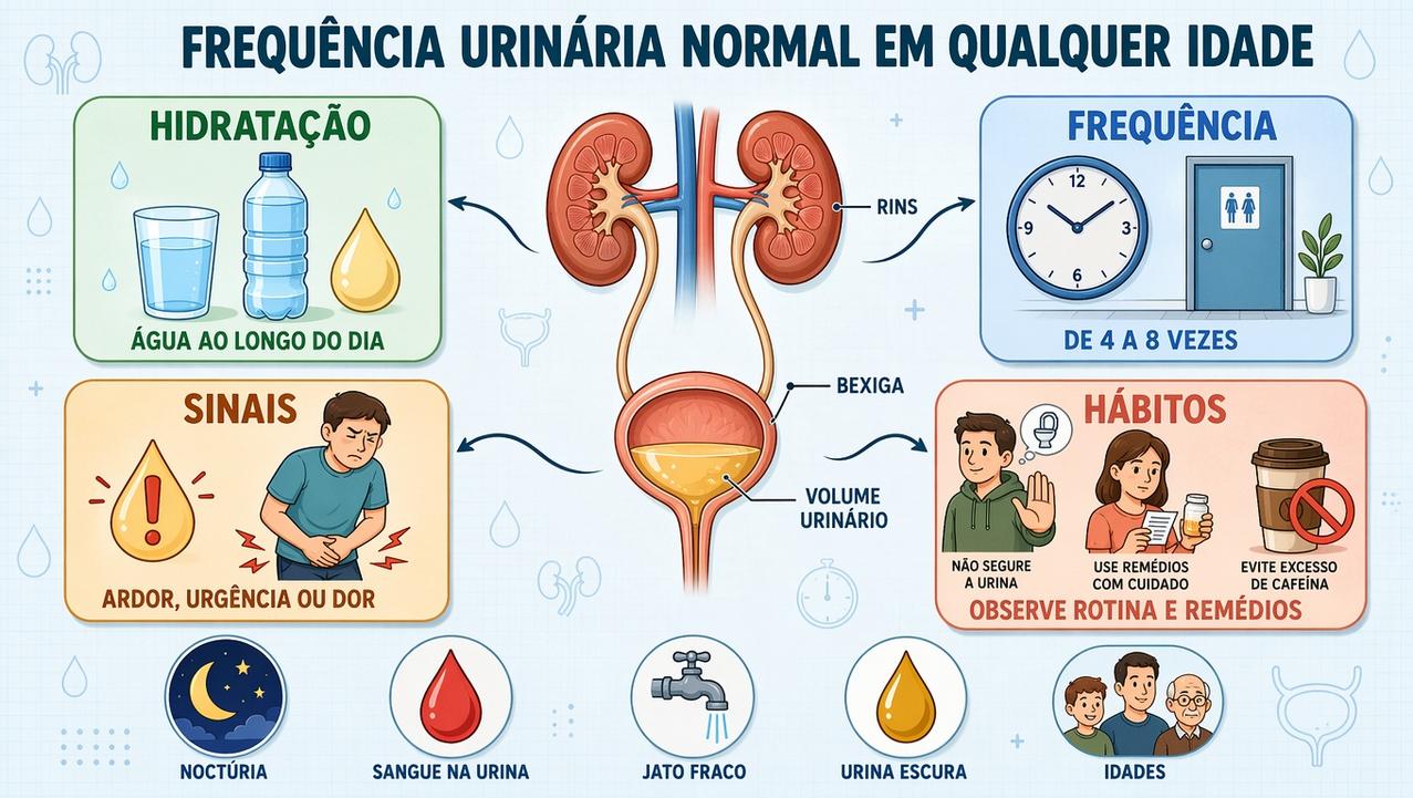 Infográfico resume hidratação, frequência, sinais de alerta e hábitos urinários saudáveis.