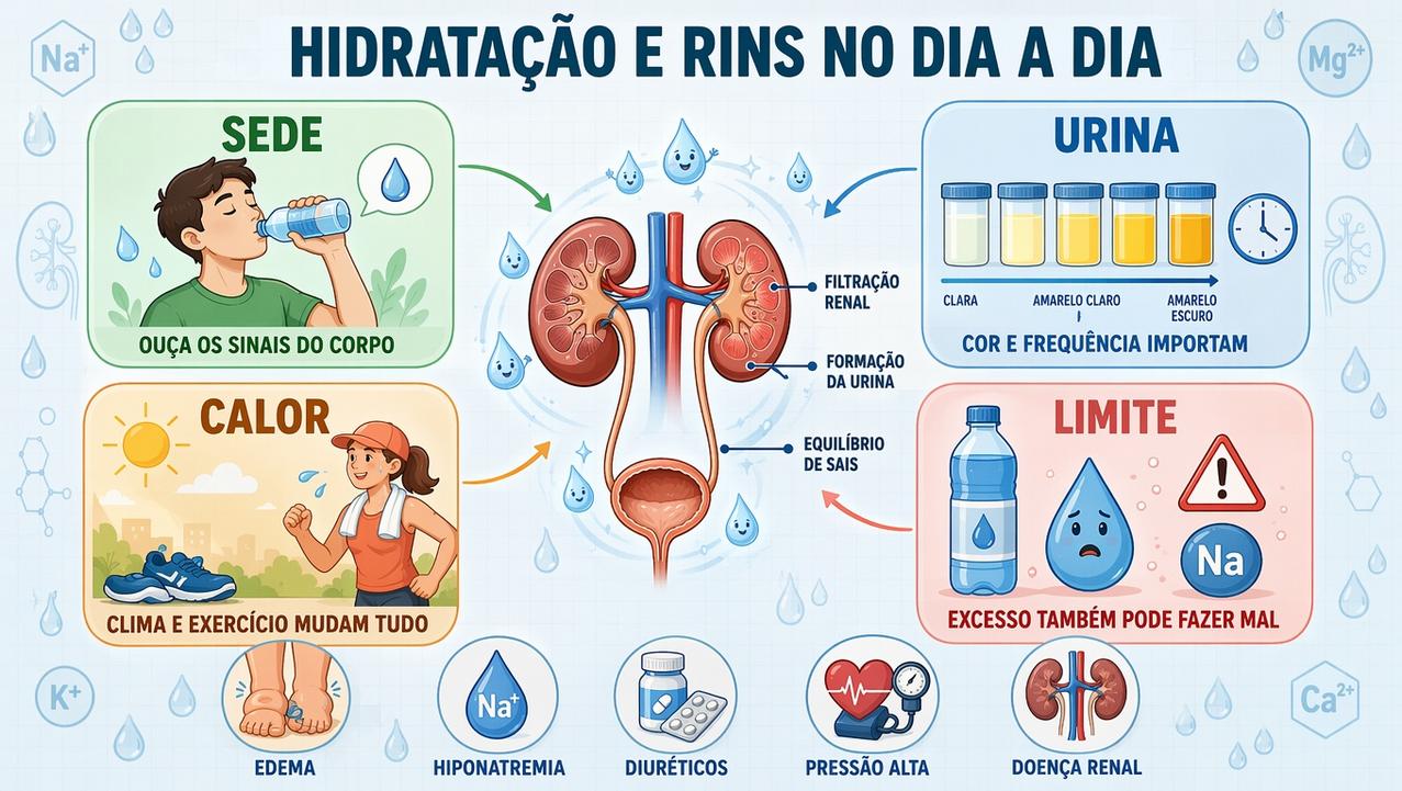 Sede, urina, calor e limite orientam a hidratação segura dos rins.