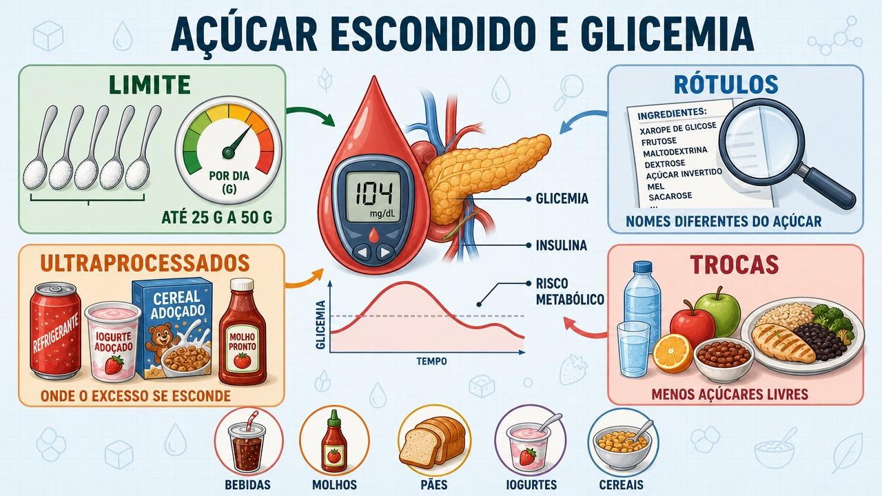 Limite diário, rótulos, ultraprocessados e trocas alimentares para controlar a glicemia.
