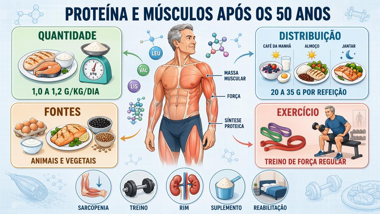 Quantidade, distribuição, fontes e exercício formam os pilares da proteção muscular.