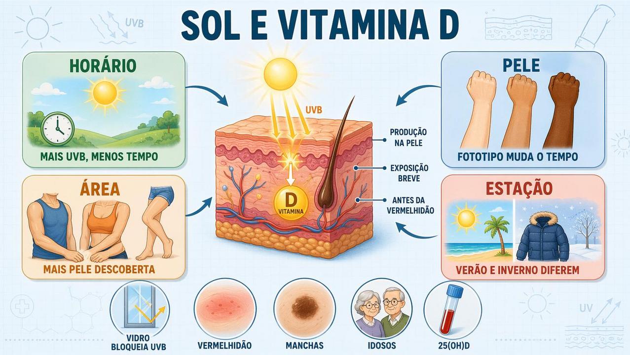 Horário, pele, área exposta e estação orientam a síntese segura de vitamina D.