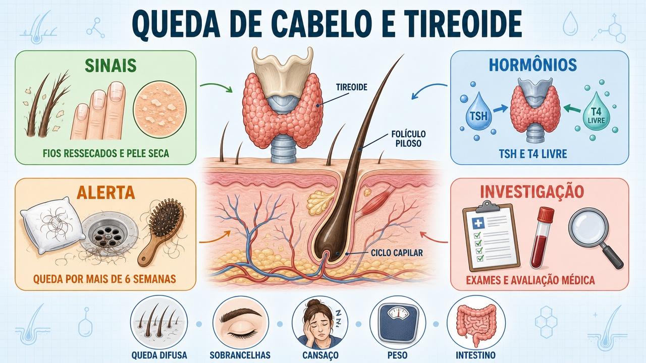 Infográfico resume sinais, hormônios, alertas e investigação da queda ligada à tireoide.