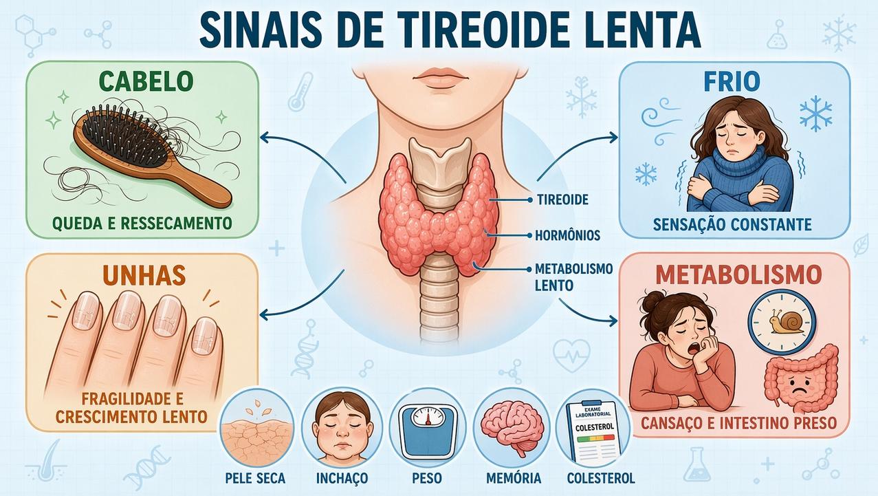 Infográfico resume os principais sinais corporais associados à tireoide lenta.