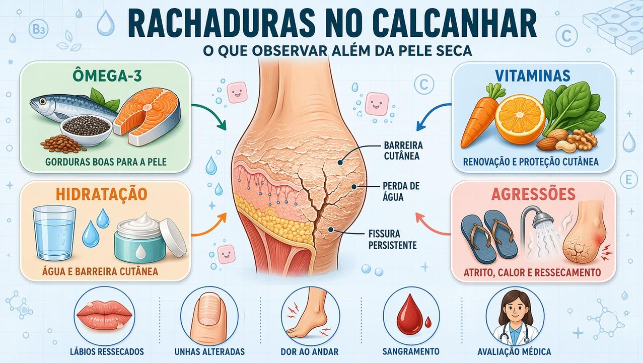Ômega-3, vitaminas, hidratação e agressões externas influenciam fissuras persistentes no calcanhar.