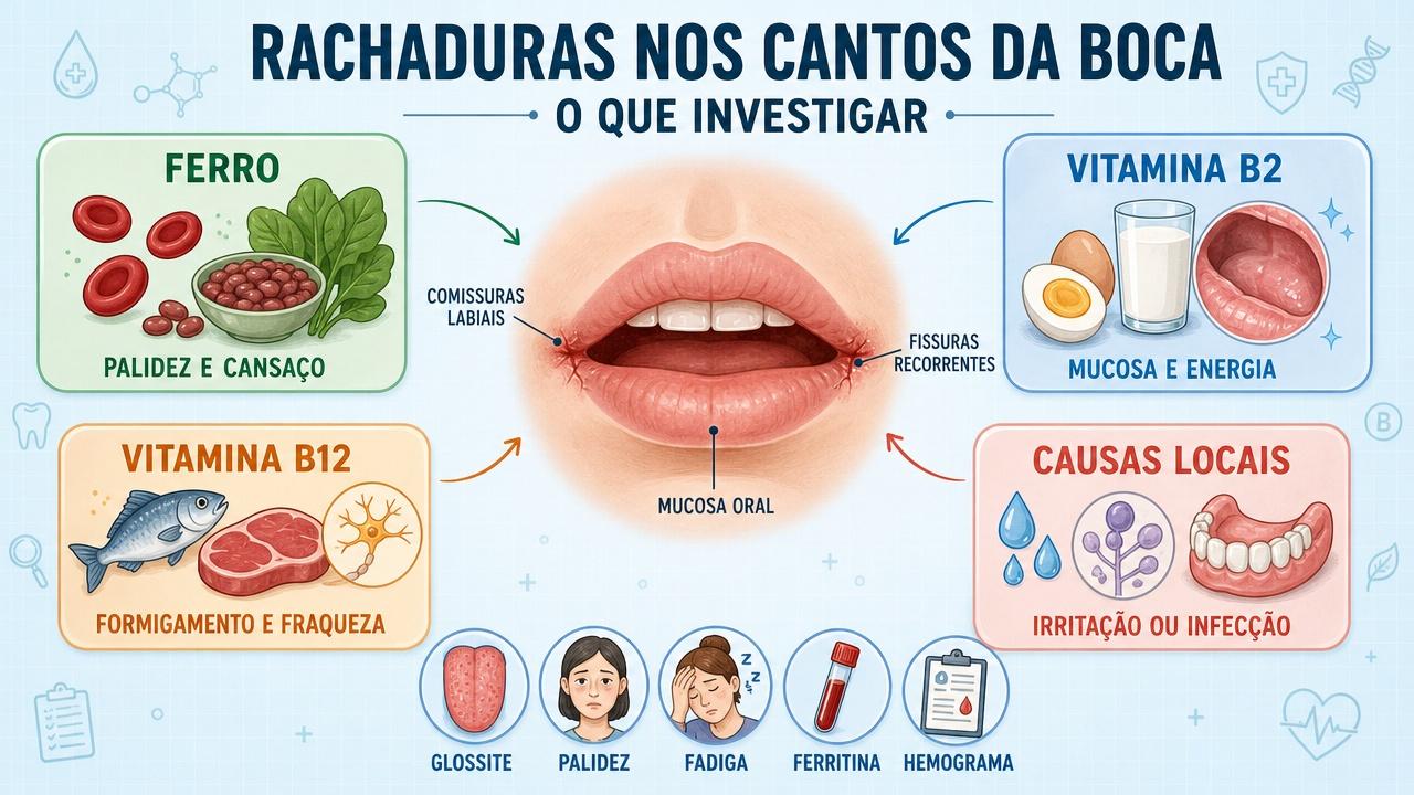 Ferro, vitaminas B2 e B12, além de causas locais, orientam a investigação.