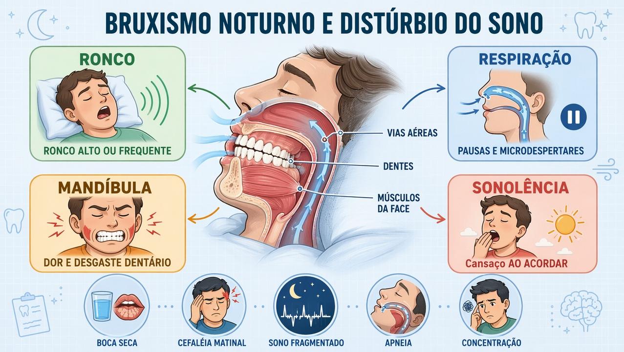 Quatro sinais ajudam a investigar bruxismo noturno ligado a distúrbios do sono.