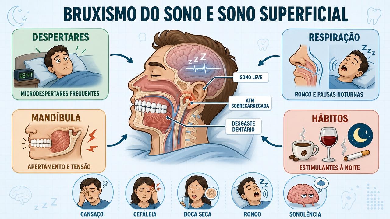 Despertares, respiração, mandíbula e hábitos influenciam o bruxismo do sono.