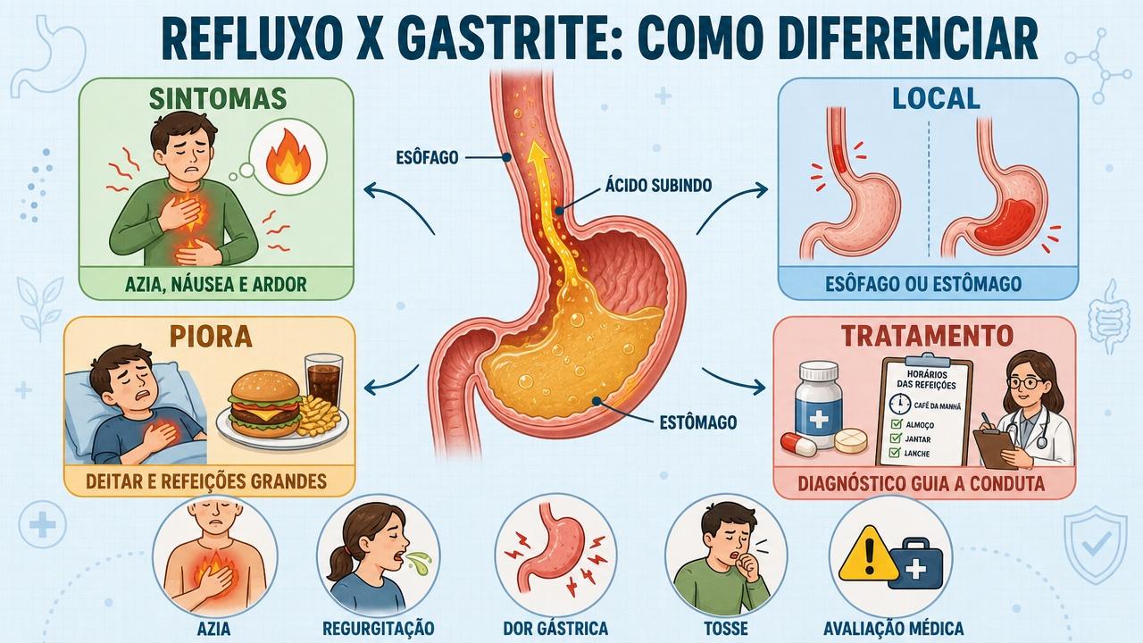 Infográfico mostra sintomas, local afetado, piora típica e tratamento correto.