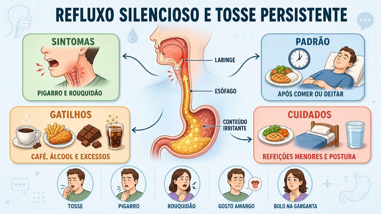 Infográfico resume sintomas, padrão, gatilhos e cuidados no refluxo silencioso.