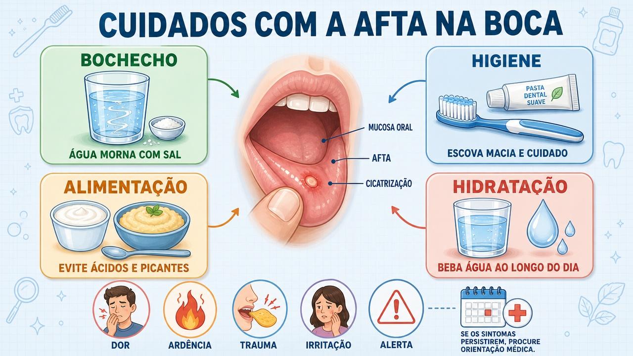 Infográfico reúne cuidados caseiros que protegem a mucosa e favorecem cicatrização.