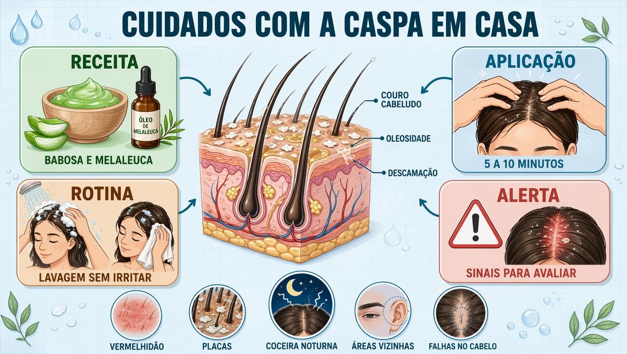 Infográfico resume receita, aplicação, rotina e sinais de alerta da caspa.