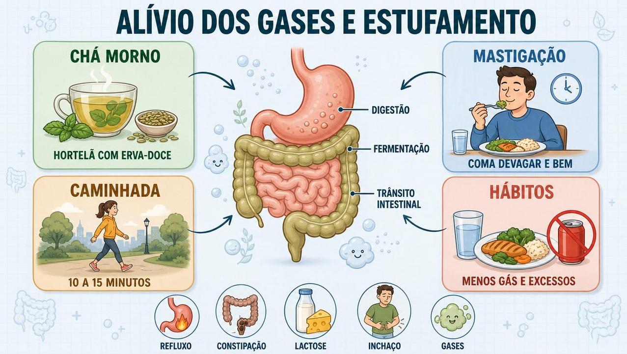 Quatro pilares ajudam a reduzir gases, inchaço e desconforto digestivo.