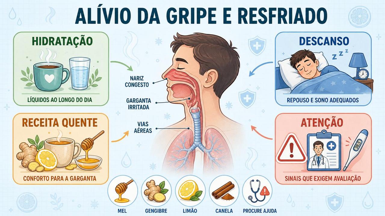 Infográfico resume hidratação, descanso, receita quente e sinais de alerta.