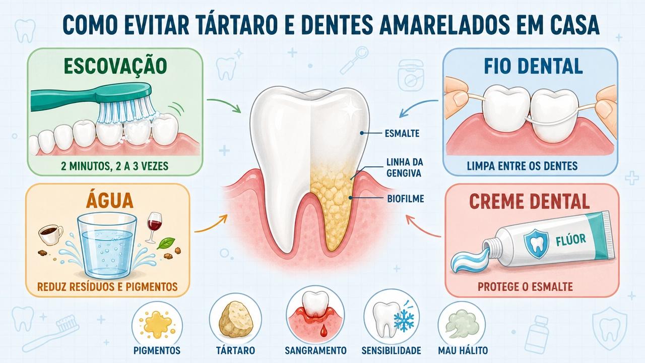 Escovação, fio dental, água e creme dental formam a base preventiva.
