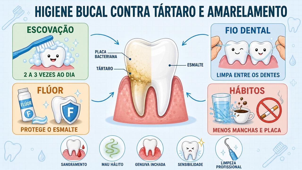 Escovação, fio dental, flúor e hábitos saudáveis formam a base preventiva.