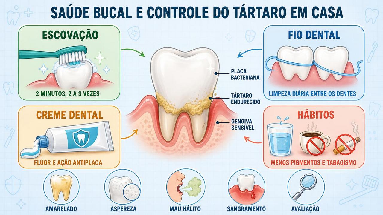Escovação, fio dental, creme adequado e hábitos saudáveis reduzem placa e manchas.
