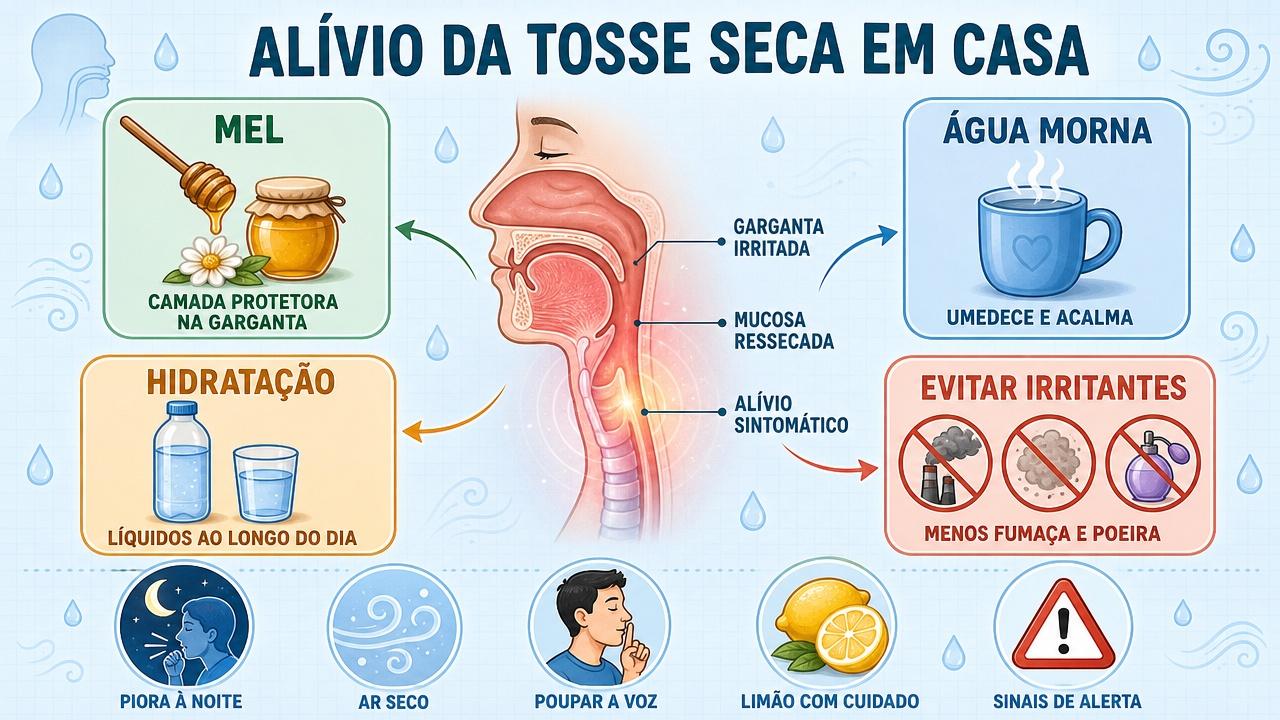 Infográfico resume mel, água morna, hidratação e menos irritantes para conforto.