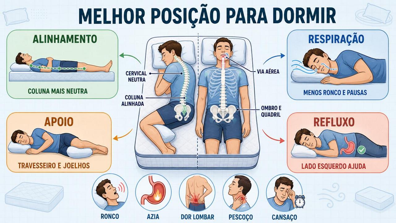 Alinhamento, respiração, apoio e refluxo orientam a melhor posição para dormir.