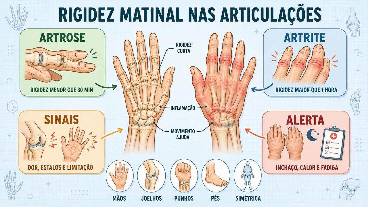 Infográfico resume duração da rigidez e sinais que diferenciam desgaste de inflamação.