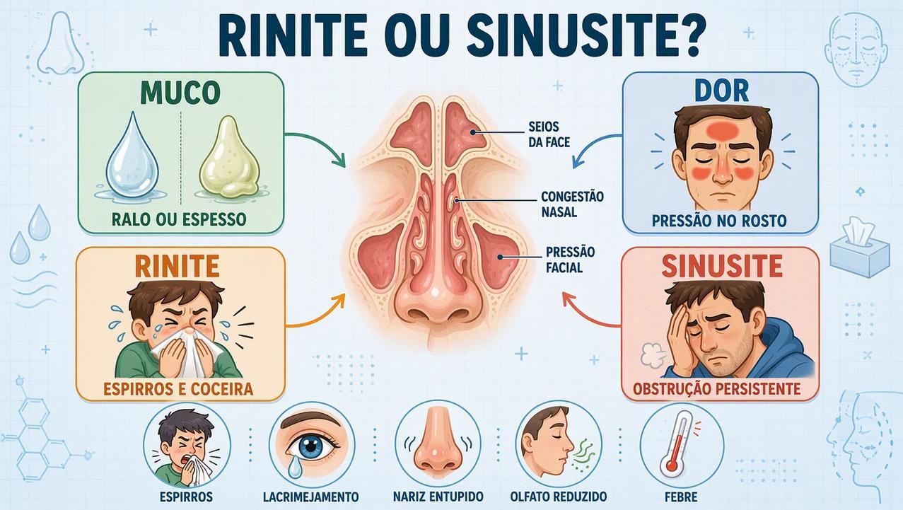 Infográfico resume muco, dor e sinais típicos de rinite e sinusite.
