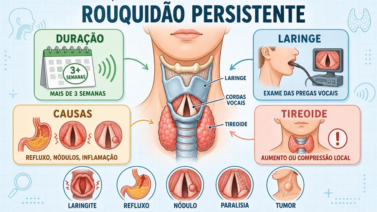 Duração, laringe, causas e tireoide orientam a investigação da rouquidão persistente.