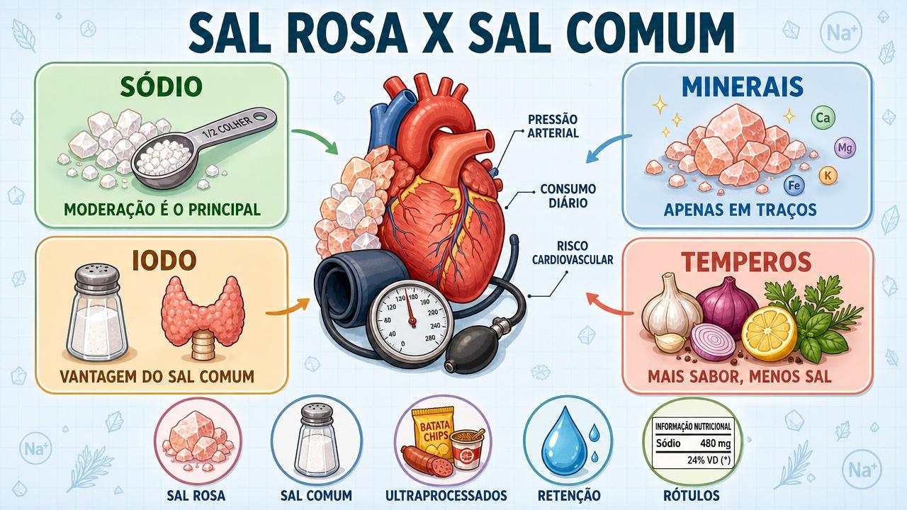 Infográfico resume sódio, minerais, iodo e temperos na escolha do sal.