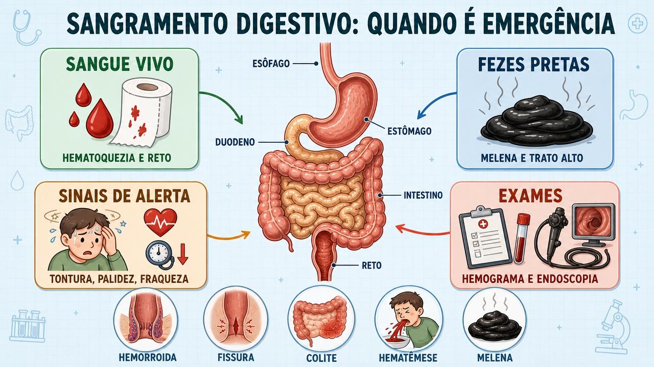 Hematoquezia, melena, sinais de alerta e exames orientam a urgência.