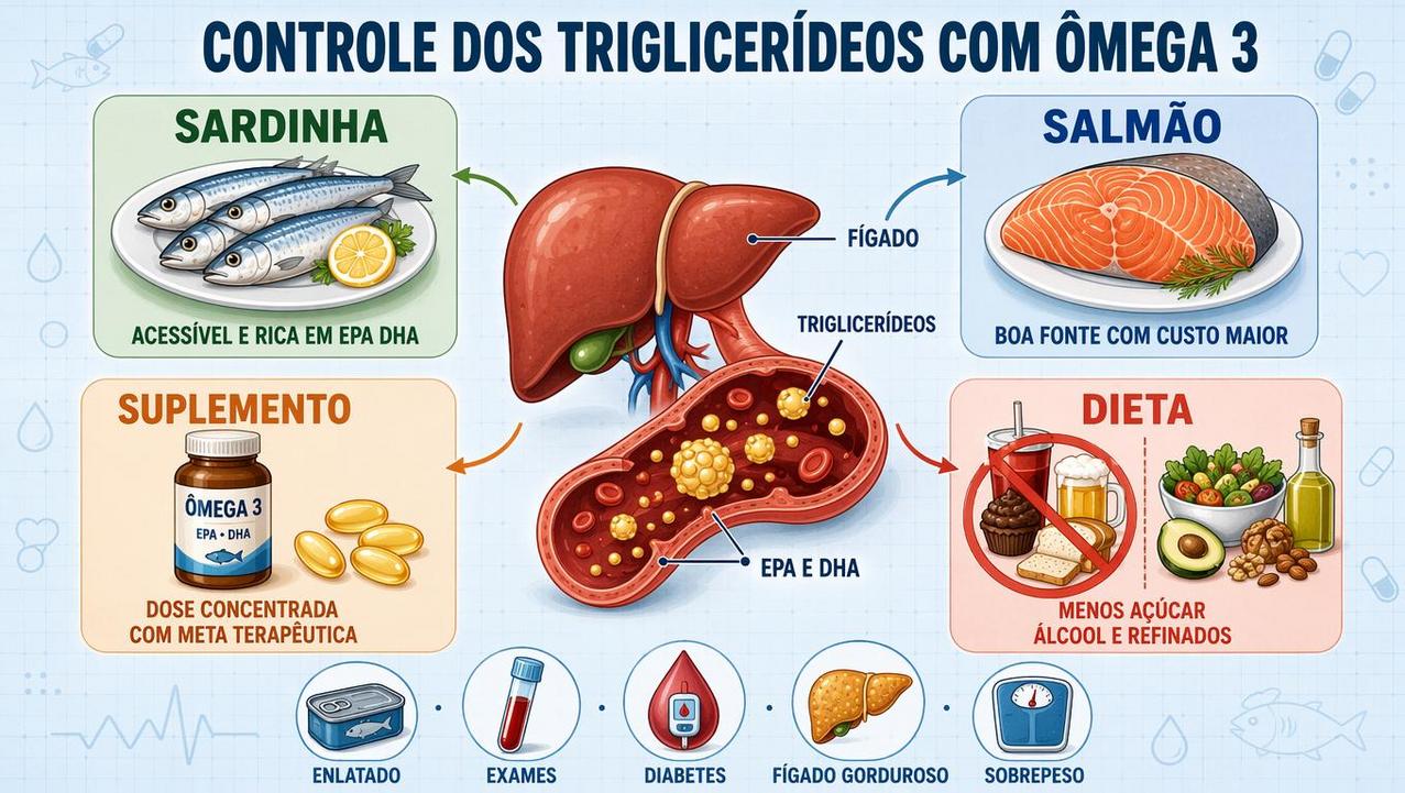 Quatro pilares ajudam a reduzir triglicerídeos com ômega 3 e dieta.