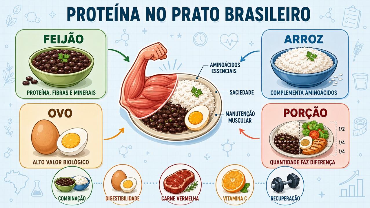 Feijão, arroz, ovo e porção adequada sustentam melhor aporte proteico diário.