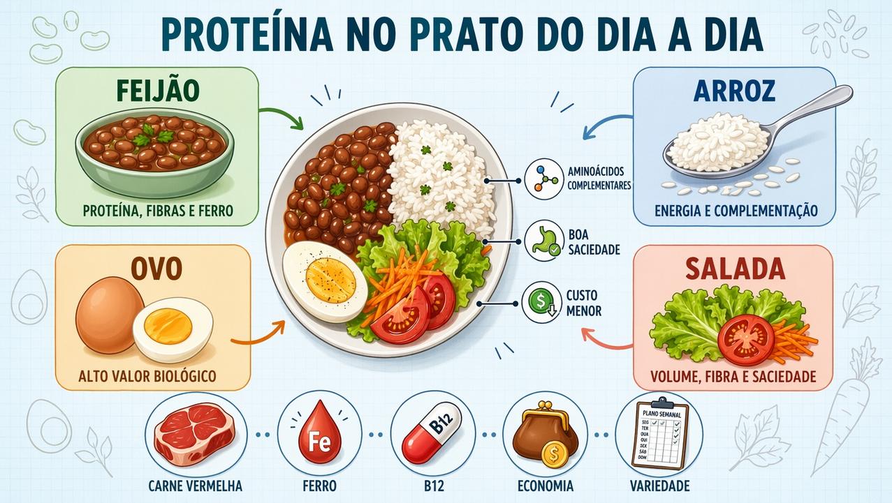 Os quatro pilares do prato econômico com proteína e boa saciedade.