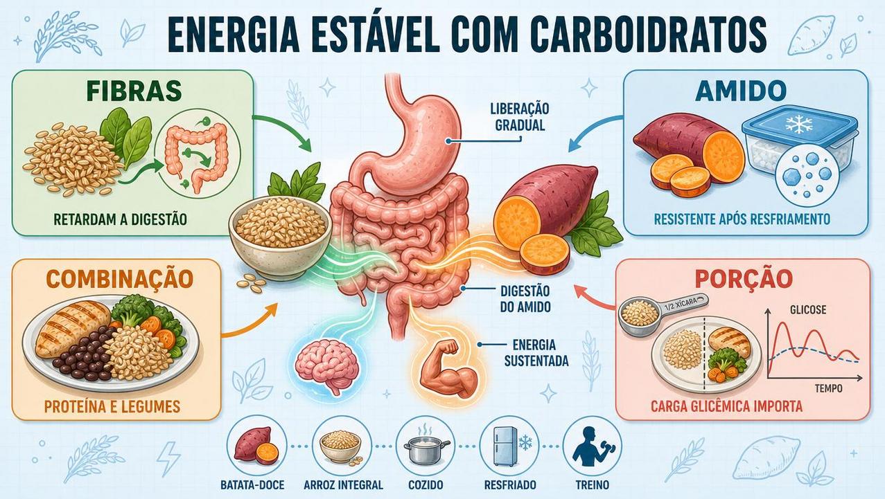 Fibras, amido, combinação e porção influenciam a energia ao longo do dia.